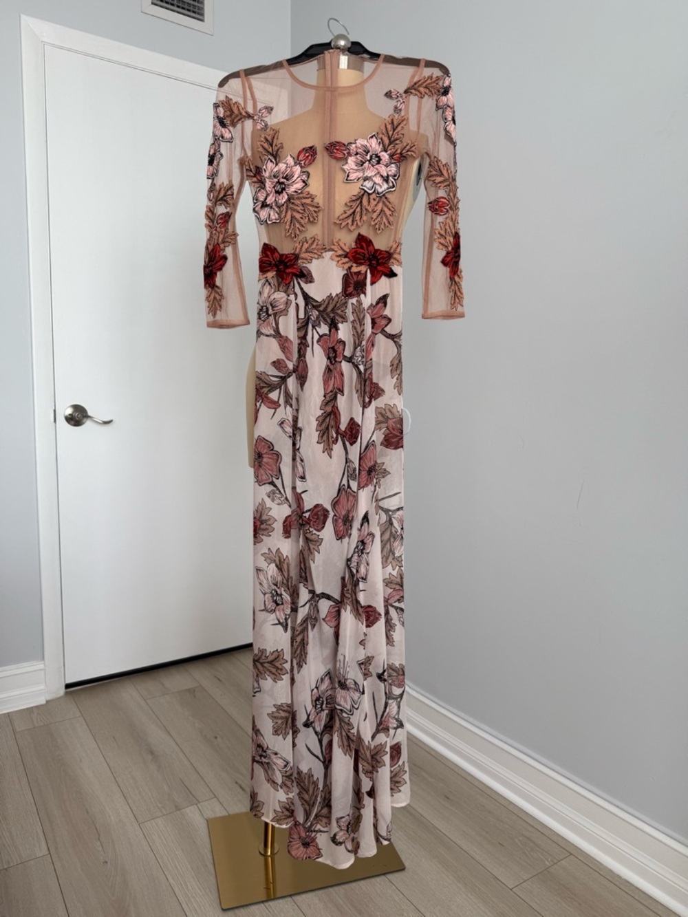 For Love and Lemons Sheer Floral Embroidered Maxi Dress in Blush Size S